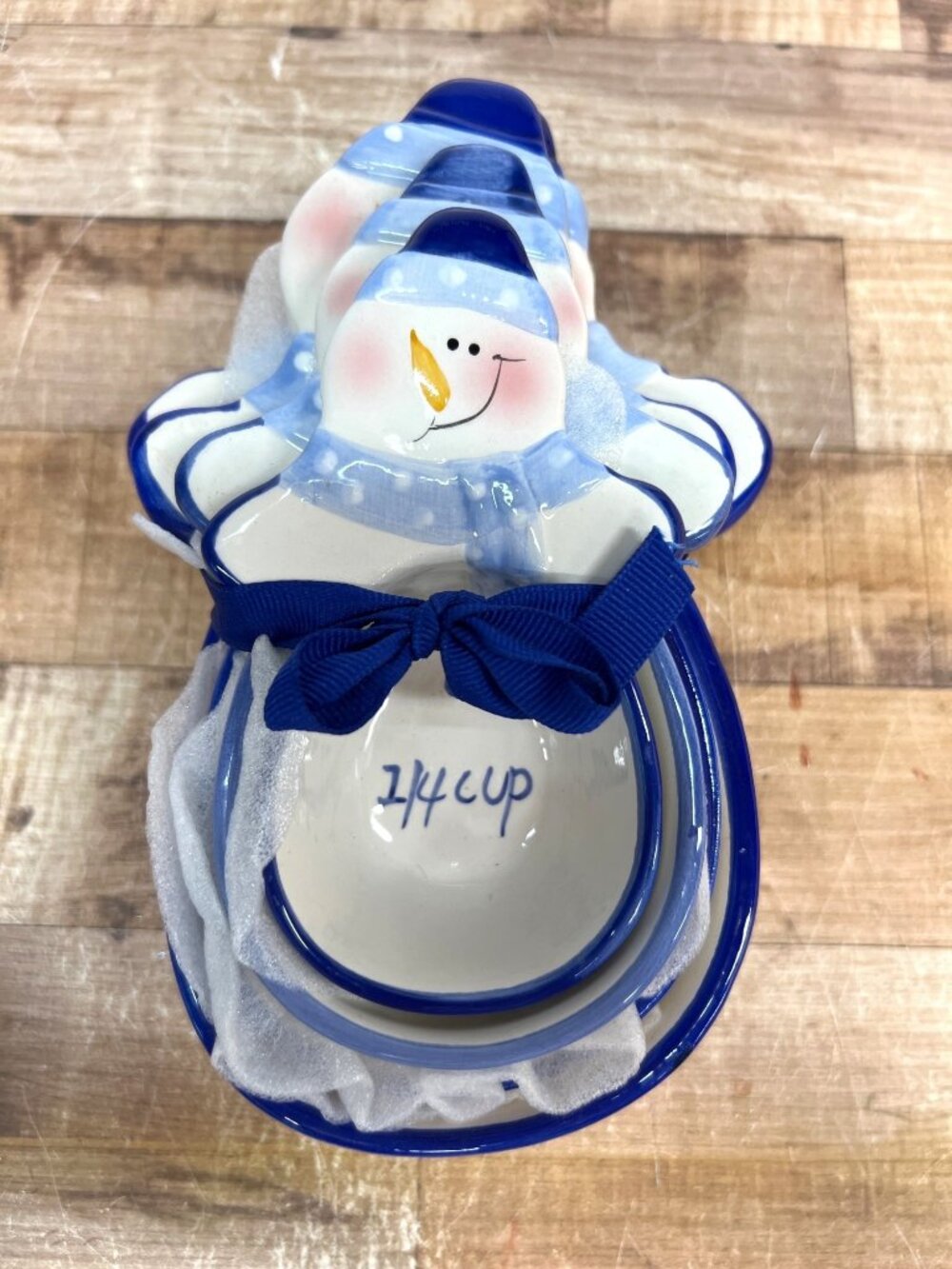Snowman Ceramic Measuring Cups Set Of 4 Hand-Painted Blue & White Nested Bowls